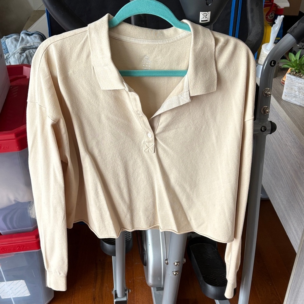 Aerie Offline Women’s Beige Cropped Long Sleeve Collared Shirt Size L